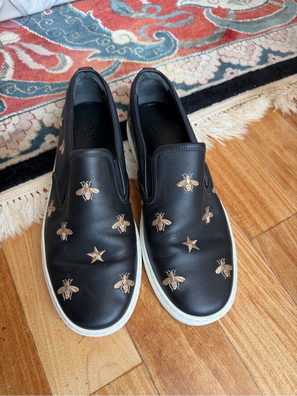 Gucci Black Leather Slip-On Sneakers with Gold Bee Embroidery
